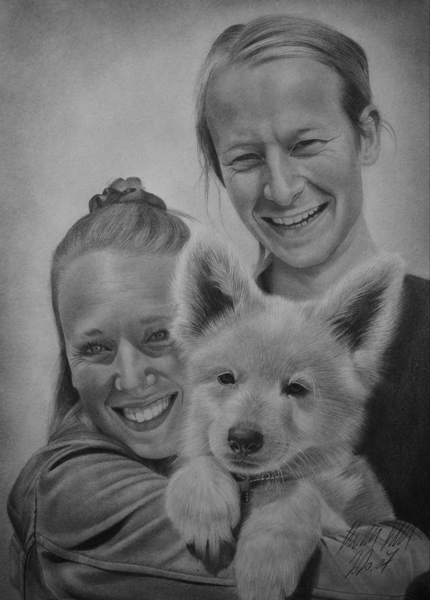 Pencil portrait of 3 person/pet